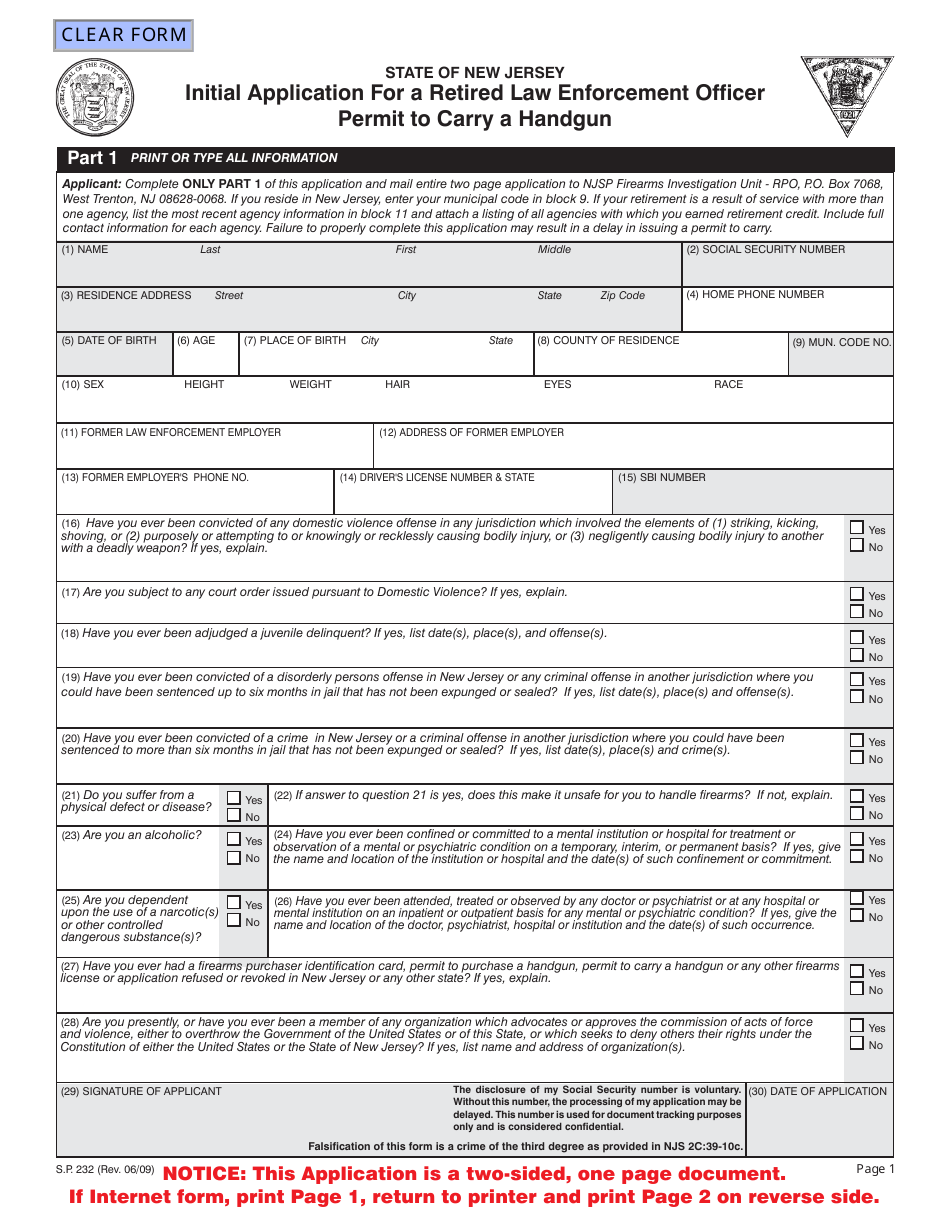 Form S.P.232 Initial Application for a Retired Law Enforcement Officer Permit to Carry a Handgun - New Jersey, Page 1