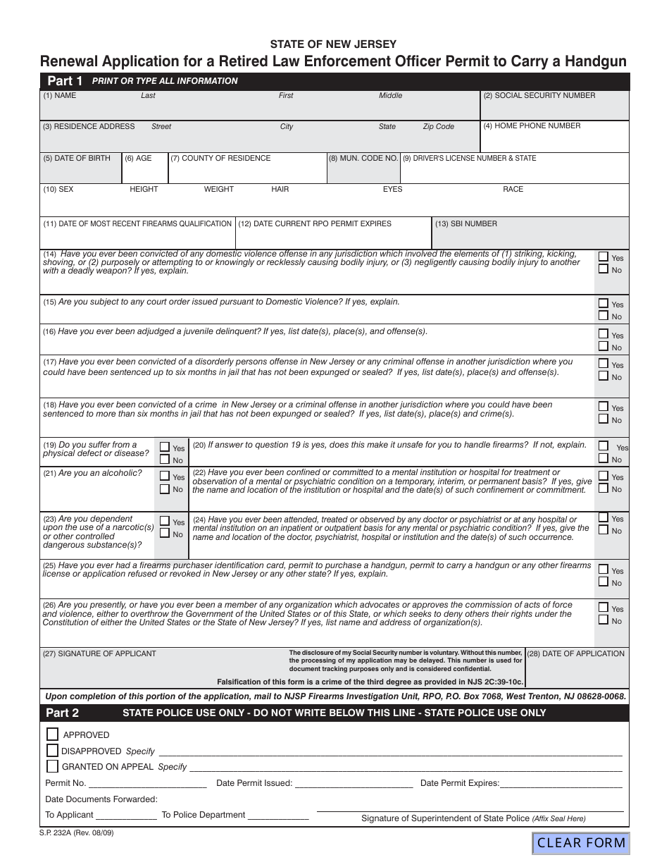 Form S.P.232A Renewal Application for a Retired Law Enforcement Officer Permit to Carry a Handgun - New Jersey, Page 1