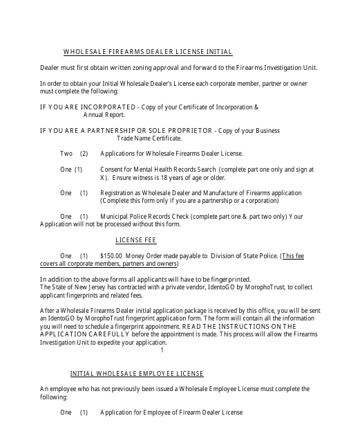 Instructions for Form S.P.280, S.P.280A Wholesale Firearms Dealer License Initial - New Jersey