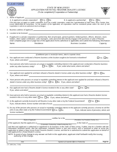 Form S.P.649A Application for Retail Firearms Dealer&#039;s License - New Jersey