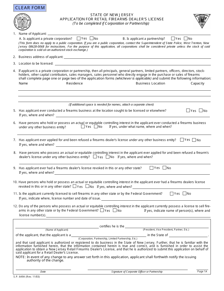 Form S.P.649A Application for Retail Firearms Dealers License - New Jersey, Page 1