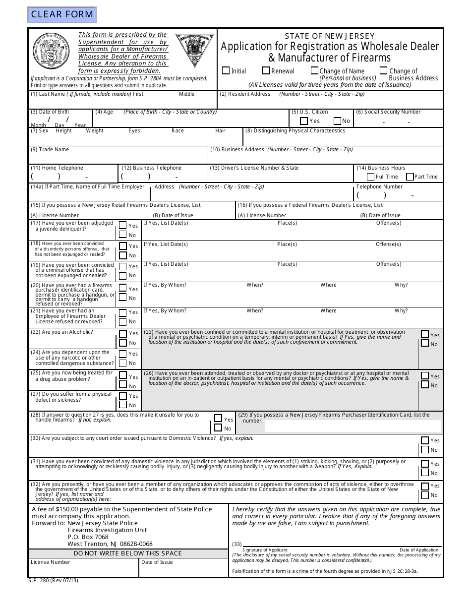 Form S.P.280 Application for Registration as Wholesale Dealer  Manufacturer of Firearms - New Jersey, Page 1