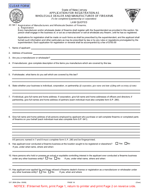 Form S.P.280A Application for Registration as Wholesale Dealer and Manufacturer of Firearms - New Jersey