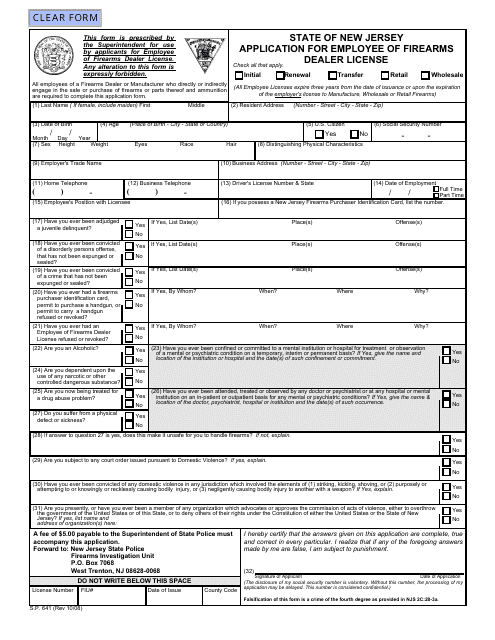 Form S.P.641 Application for Employee of Firearms Dealer License - New Jersey
