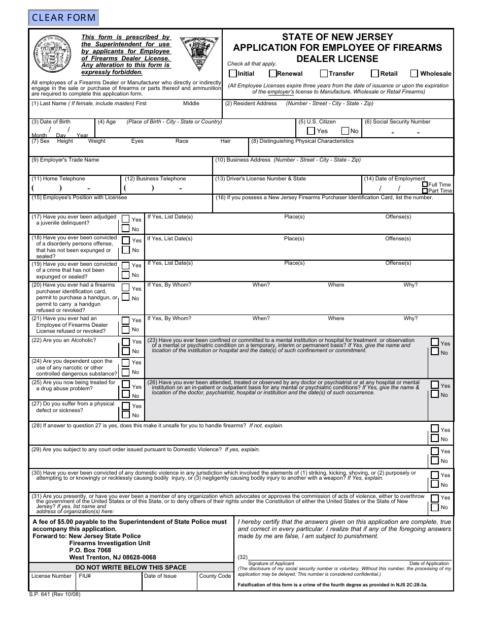Form S.P.641 Application for Employee of Firearms Dealer License - New Jersey, Page 1