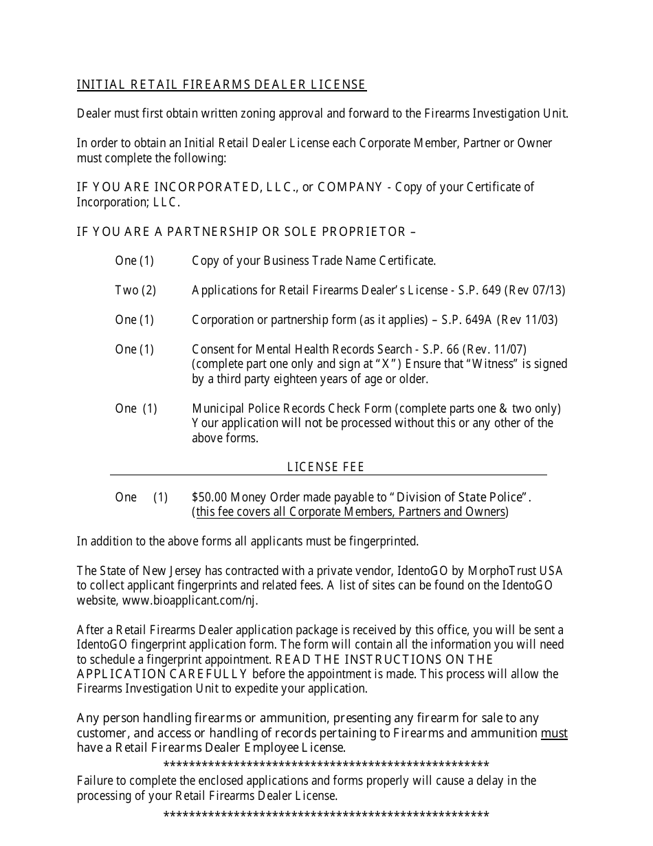 Instructions for Form S.P.649 Application for Retail Firearms Dealers License - New Jersey, Page 1