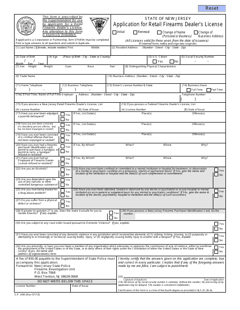Form S.P.649 Application for Retail Firearms Dealer&#039;s License - New Jersey