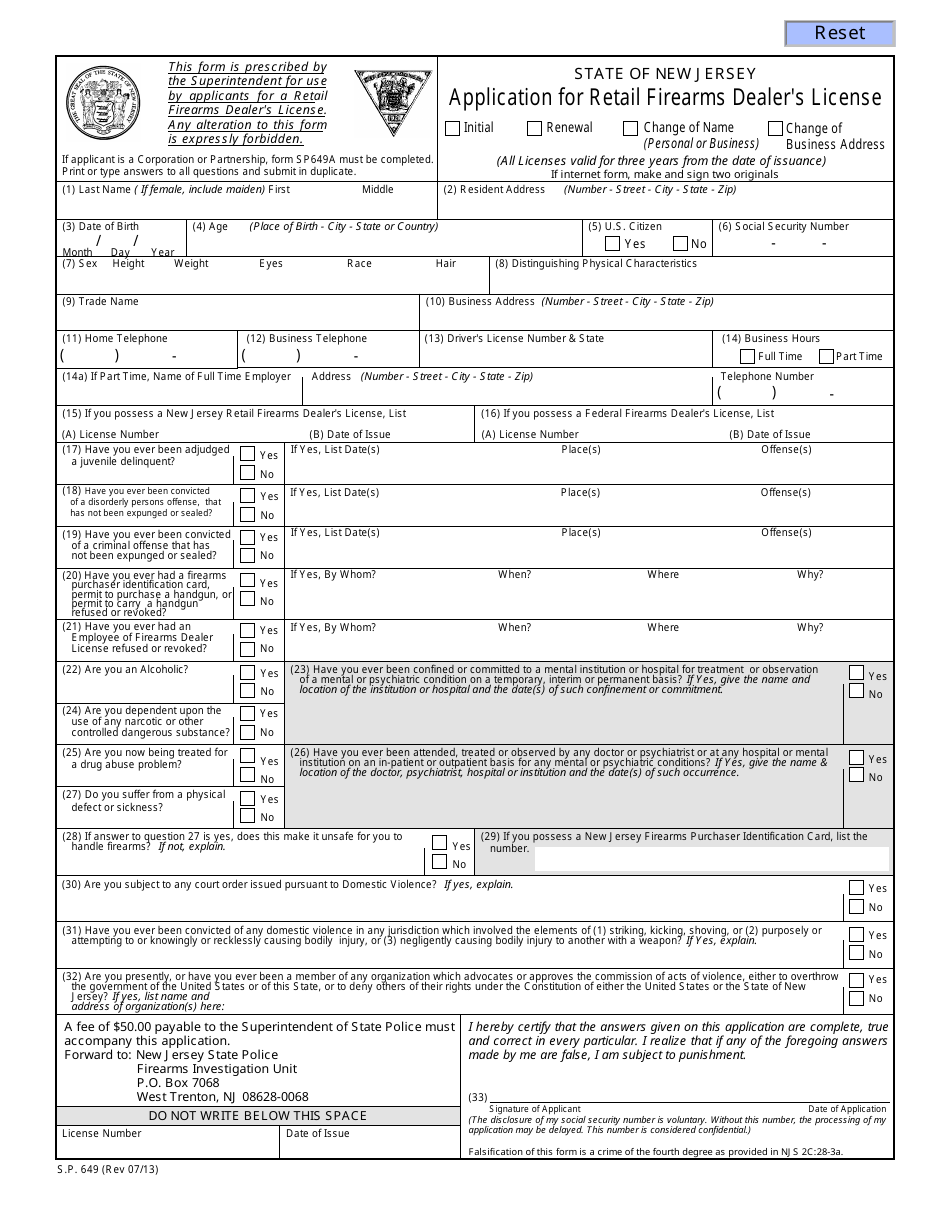 Form S.P.649 Application for Retail Firearms Dealers License - New Jersey, Page 1