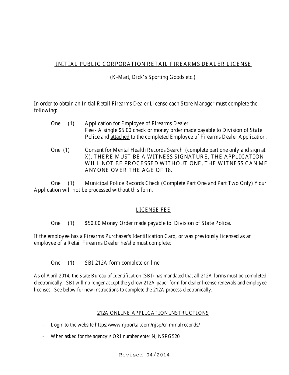 Instructions for Initial Public Corporation Retail Firearms Dealer License Application Instructions - New Jersey, Page 1