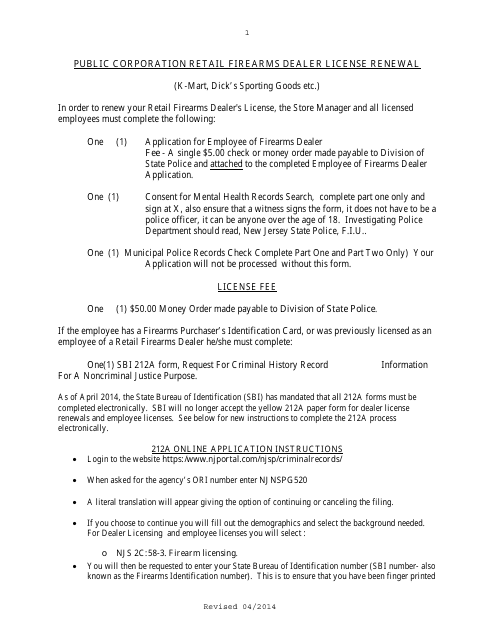 Instructions for Form S.P.649 Public Corporation Retail Firearms Dealer License Renewal - New Jersey