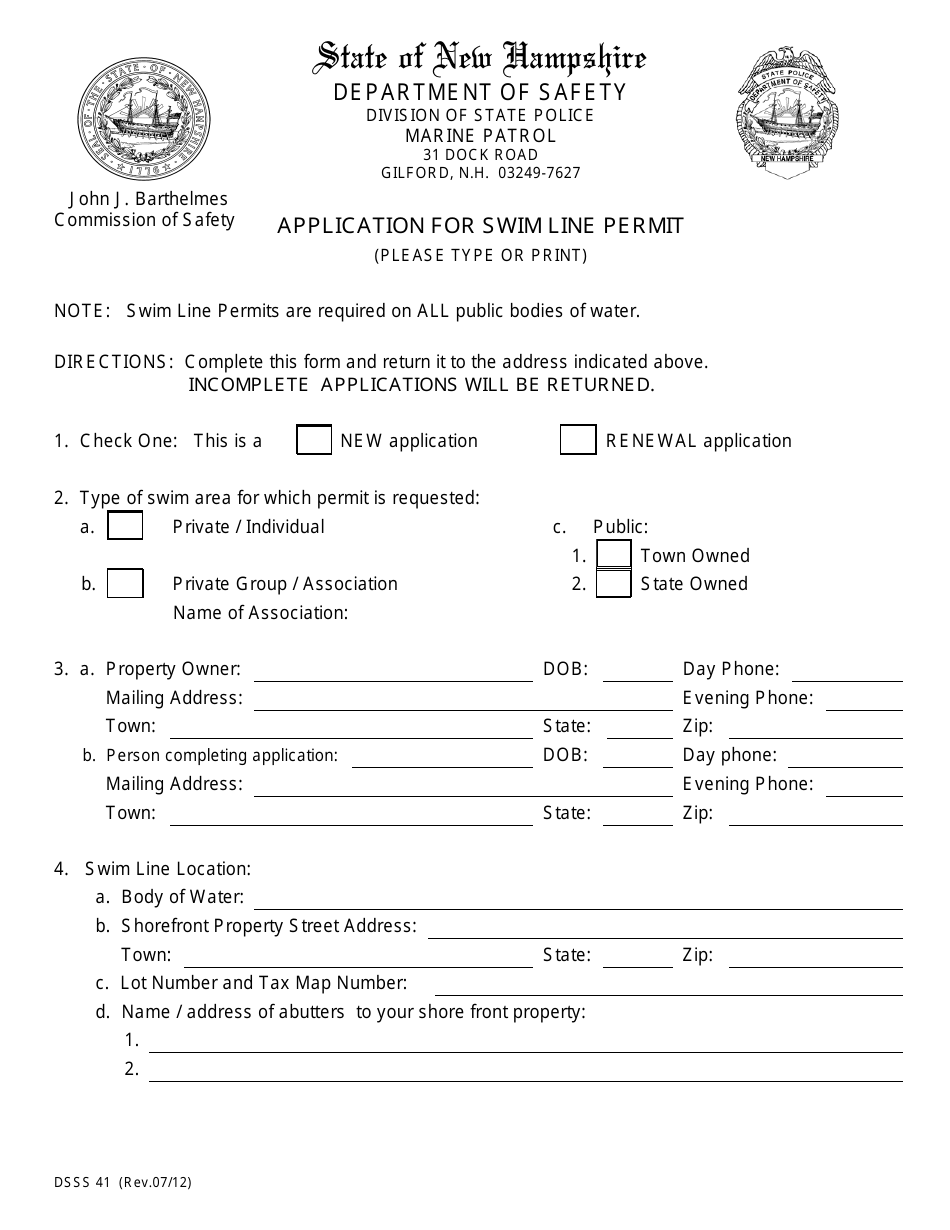 Form DSSS41 Application for Swim Line Permit - New Hampshire, Page 1