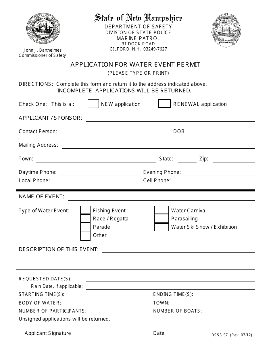 Form DSSS57 Application for Water Event Permit - New Hampshire, Page 1