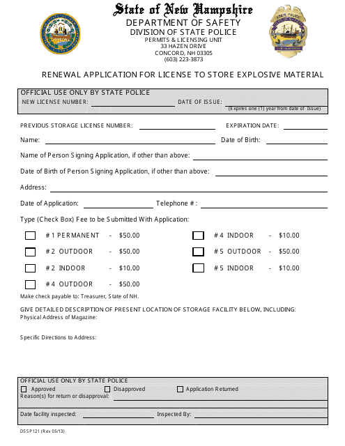 Form DSSP121 Renewal Application for License to Store Explosive Material - New Hampshire