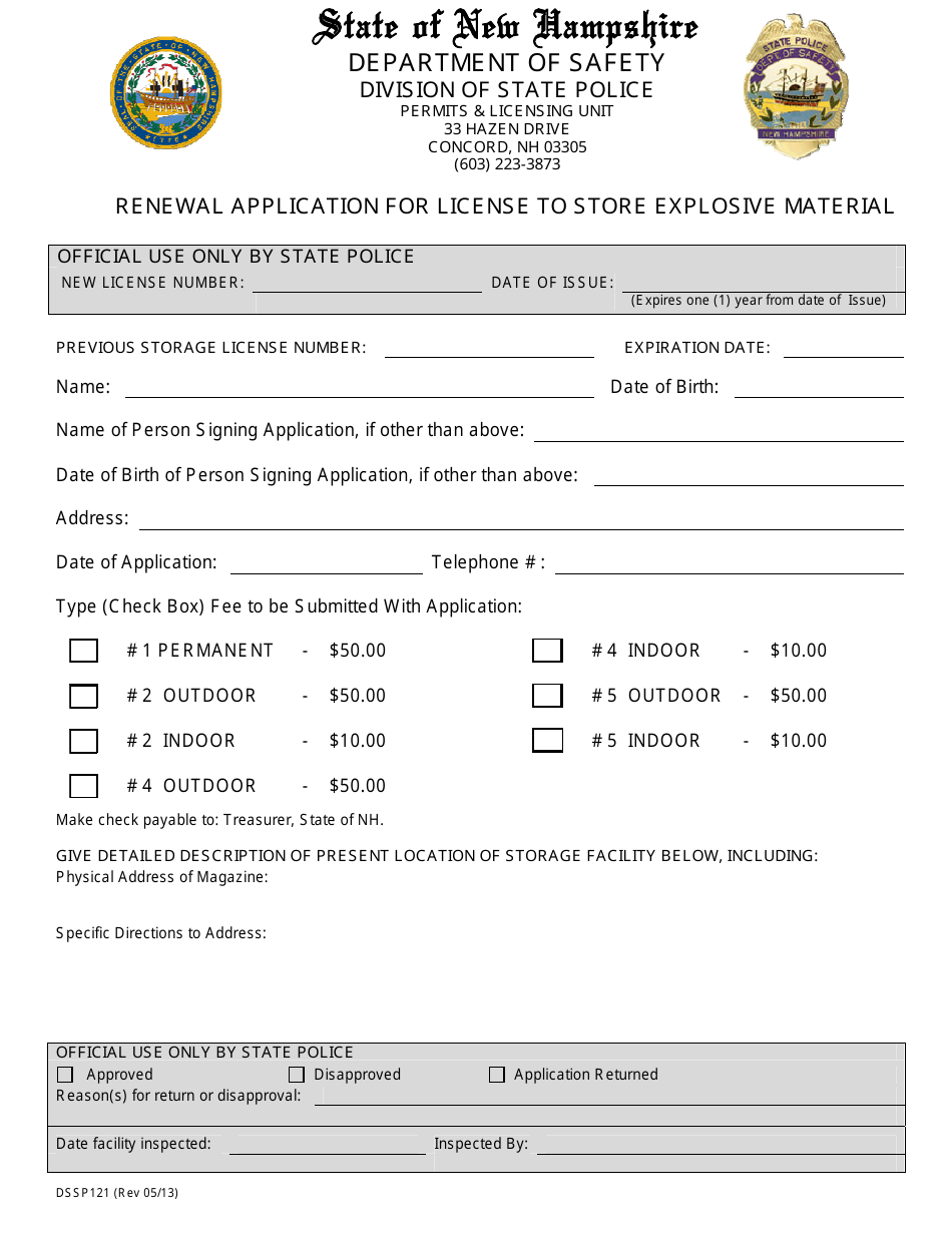 Form DSSP121 Renewal Application for License to Store Explosive Material - New Hampshire, Page 1