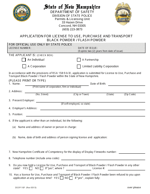 Form DSSP110F Application for License to Use, Purchase and Transport Black Powder / Flash Powder - New Hampshire