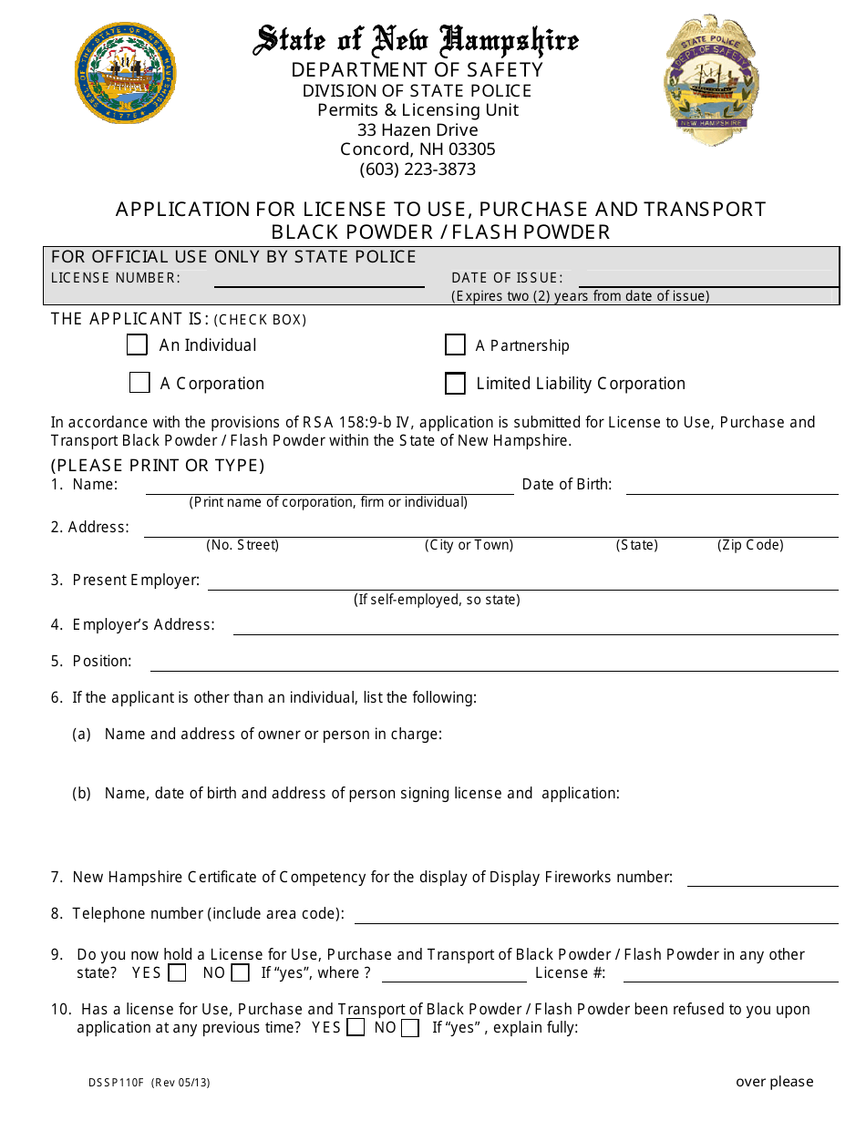 Form DSSP110F Application for License to Use, Purchase and Transport Black Powder / Flash Powder - New Hampshire, Page 1