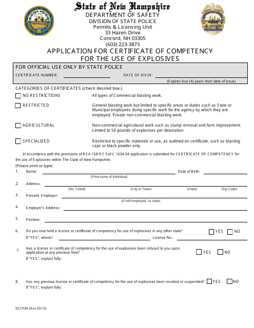 Form DSSP84 Application for Certificate of Competency for the Use of Explosives - New Hampshire