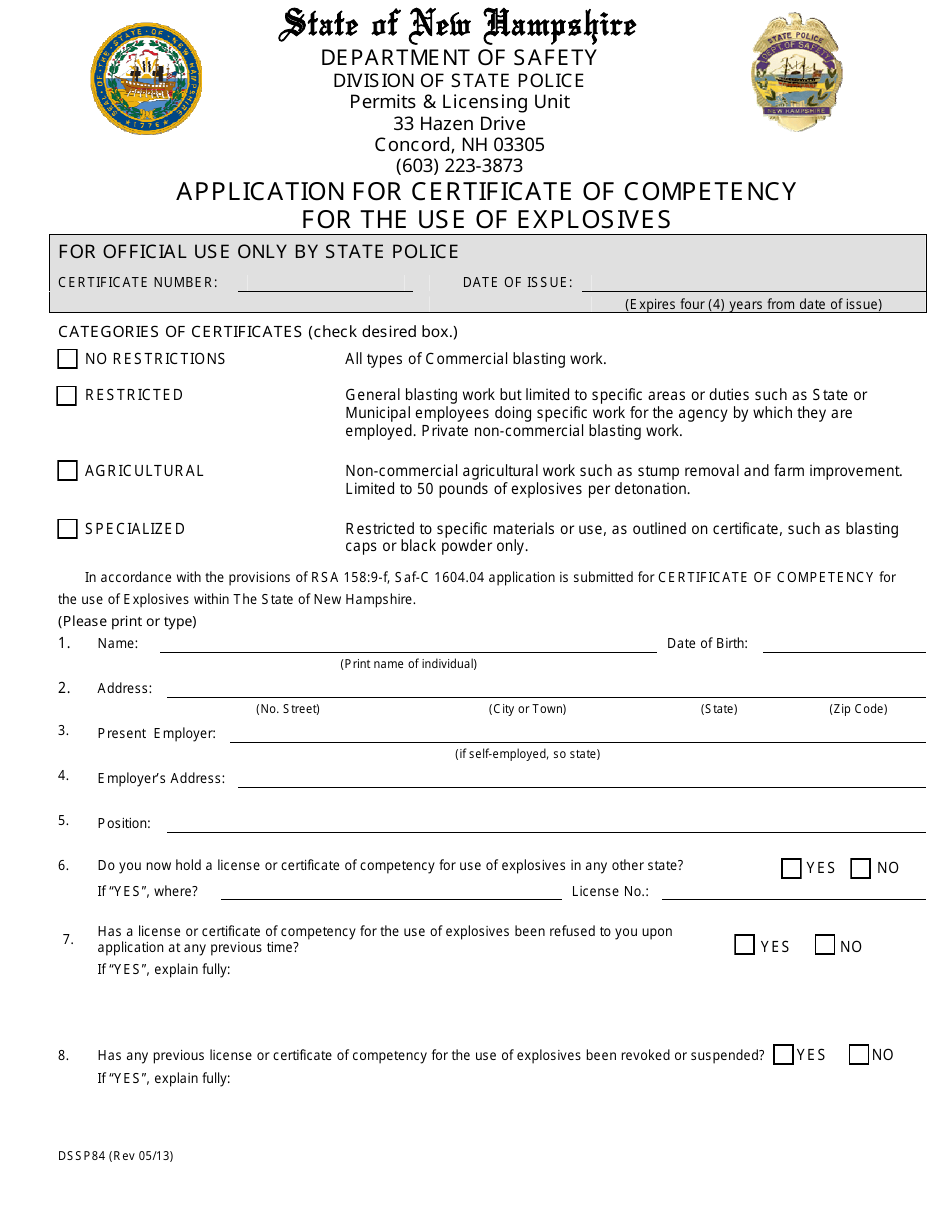 Form DSSP84 Application for Certificate of Competency for the Use of Explosives - New Hampshire, Page 1