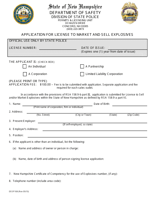 Form DSSP108 Application for License to Market and Sell Explosives - New Hampshire