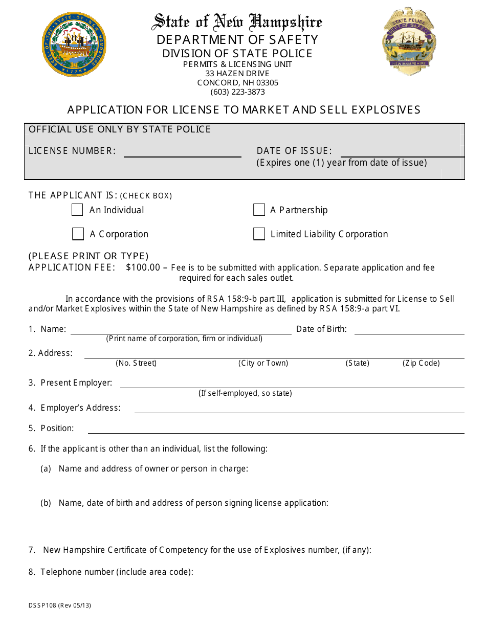Form DSSP108 Application for License to Market and Sell Explosives - New Hampshire, Page 1