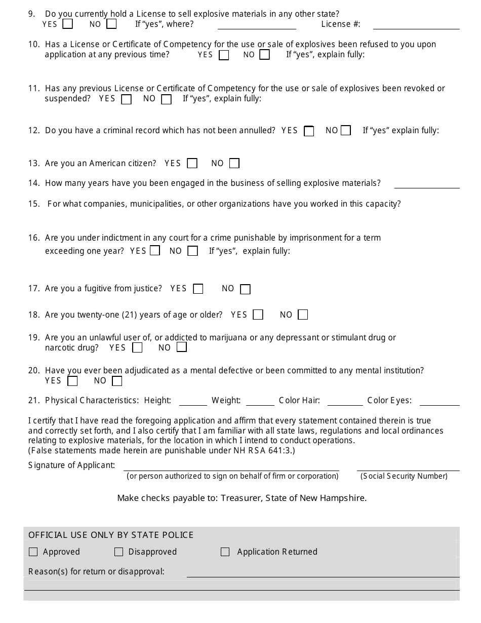 Form DSSP108 Application for License to Market and Sell Explosives - New Hampshire, Page 2