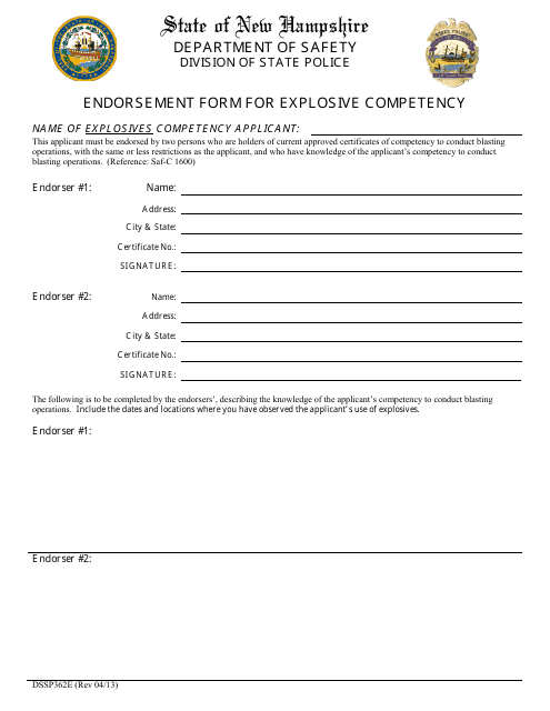 Form DSSP362E Endorsement Form for Explosive Competency - New Hampshire