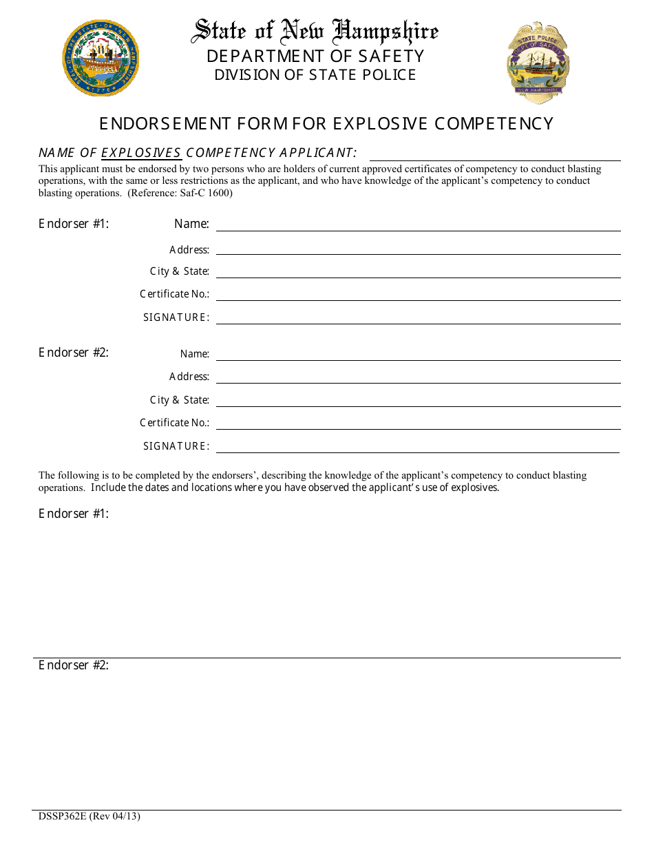 Form DSSP362E Endorsement Form for Explosive Competency - New Hampshire, Page 1