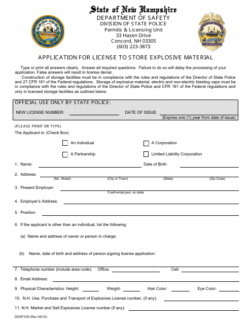 Form DSSP109 Application for License to Store Explosive Material - New Hampshire