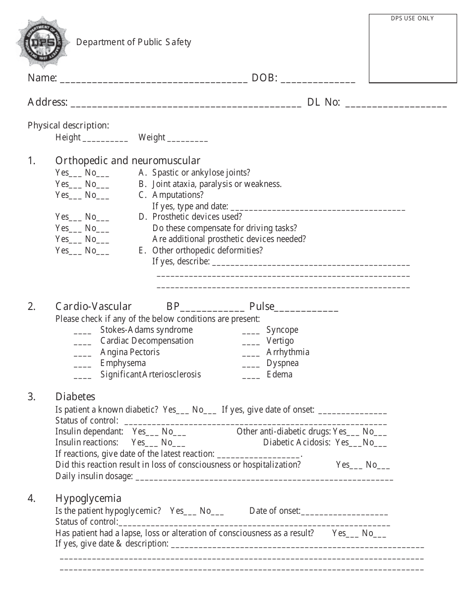 Form DPS301 M101 Medical Examination Form (General) - Oklahoma, Page 3