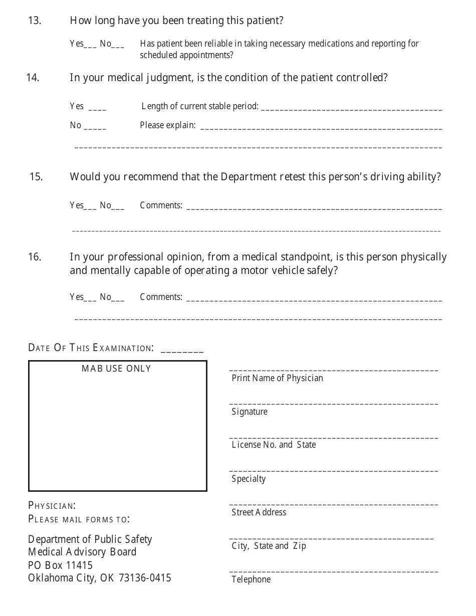 Form DPS301 M101 Medical Examination Form (General) - Oklahoma, Page 6