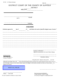 Document preview: Form DC-54 Answer (Self Represented Defendant's Answer to a Civil Summons) - Suffolk County, New York