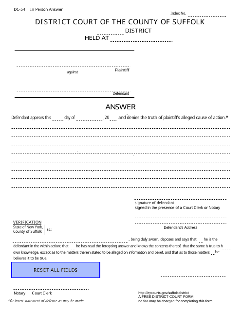 Form DC-54 Answer (Self Represented Defendant's Answer to a Civil Summons) - Suffolk County, New York