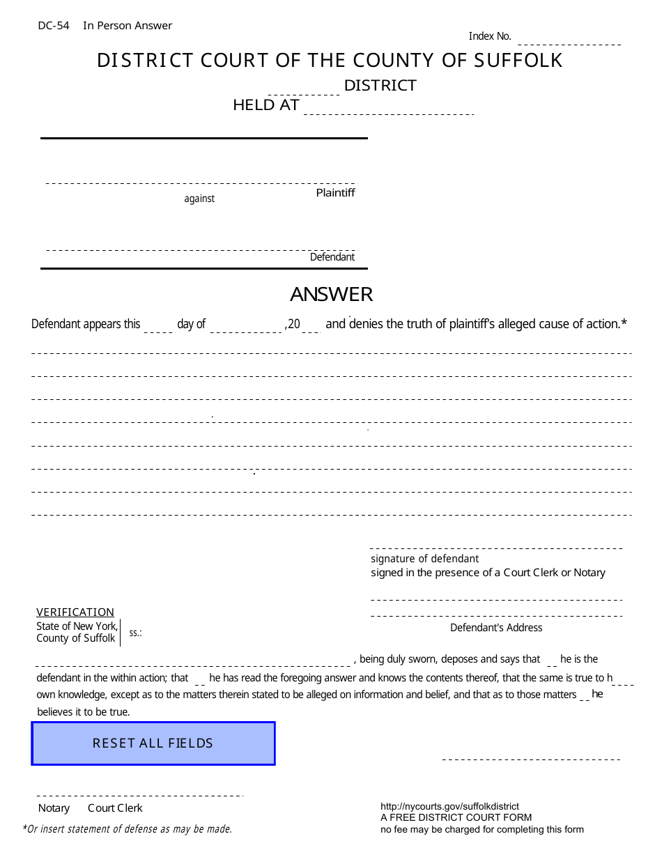 Form DC-54 Answer (Self Represented Defendants Answer to a Civil Summons) - Suffolk County, New York, Page 1