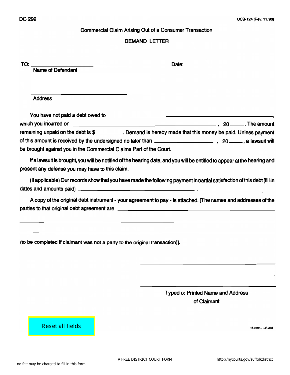 Form DC292 (UCS-124) Demand Letter for Commercial Small Claims Consumer Transaction - New York, Page 1