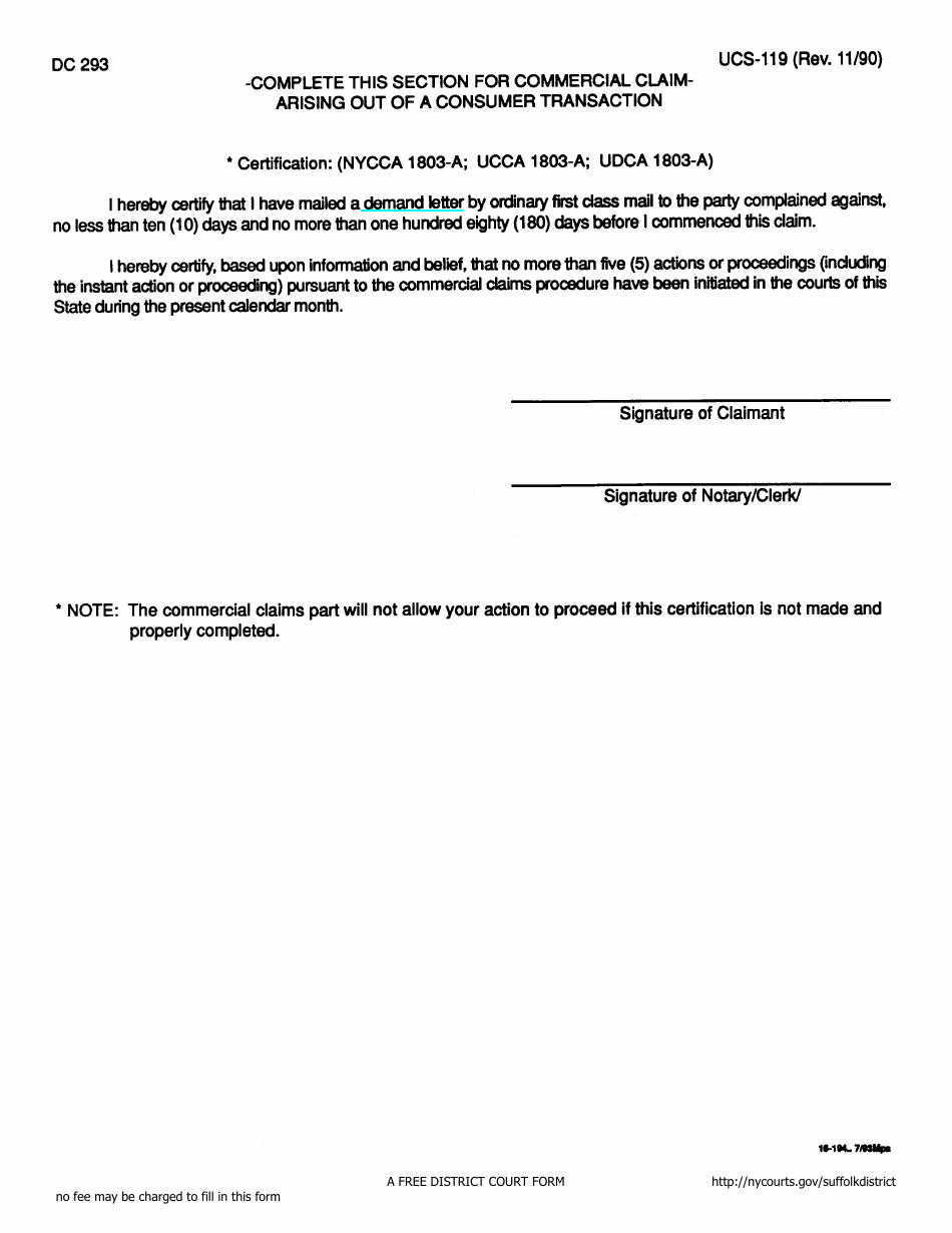 Form DC293 (UCS-119) Certification for Commercial Small Claims Consumer Transaction - Suffolk County, New York, Page 1