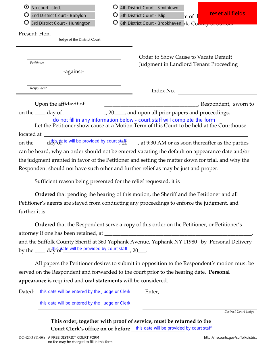 Form DC-420.3 Order to Show Cause to Vacate Default Judgment in Landlord Tenant Proceeding - Suffolk County, New York, Page 1