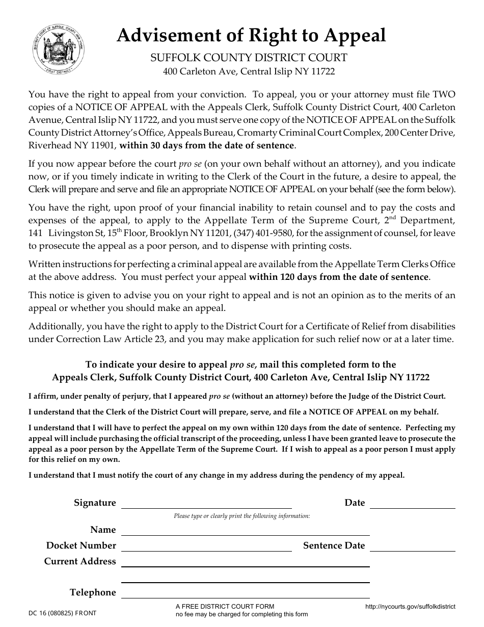 Form DC16 Advisement of Right to Appeal - Suffolk County, New York (English / Spanish / Polish), Page 1