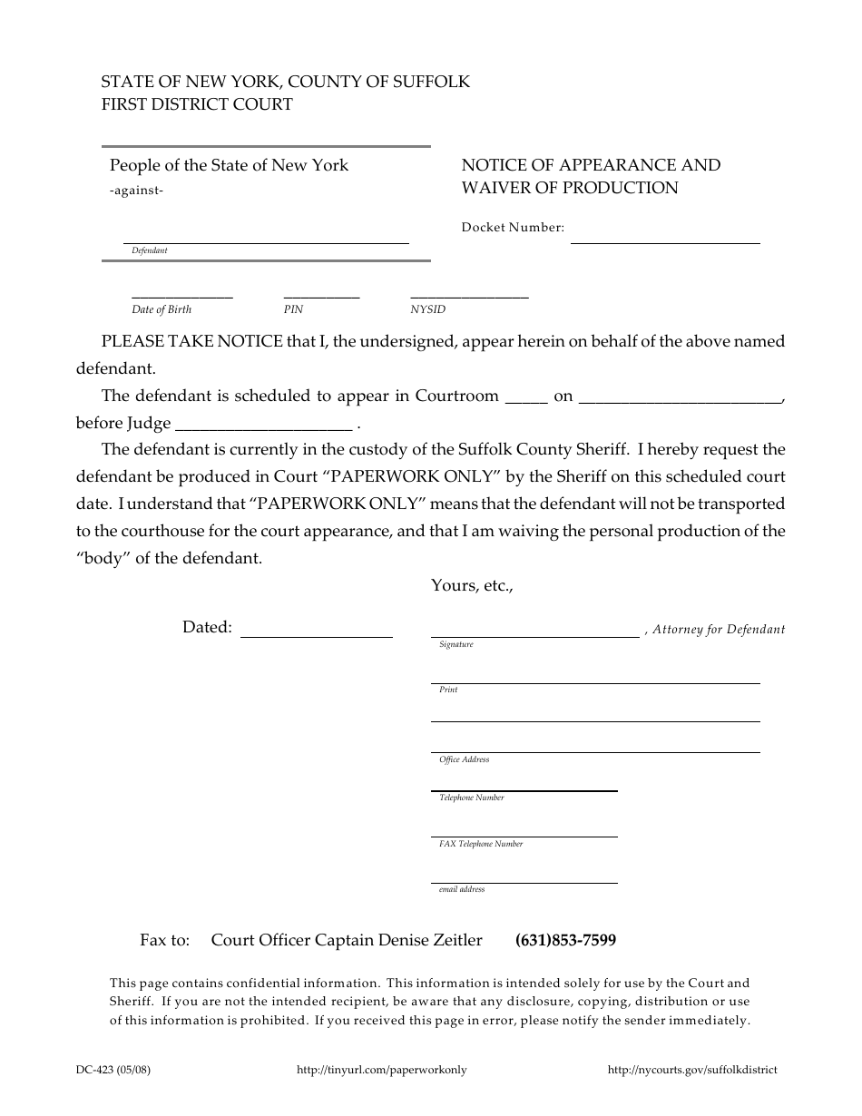 Form DC-423 Notice of Appearance and Waiver of Production - Suffolk County, New York, Page 1