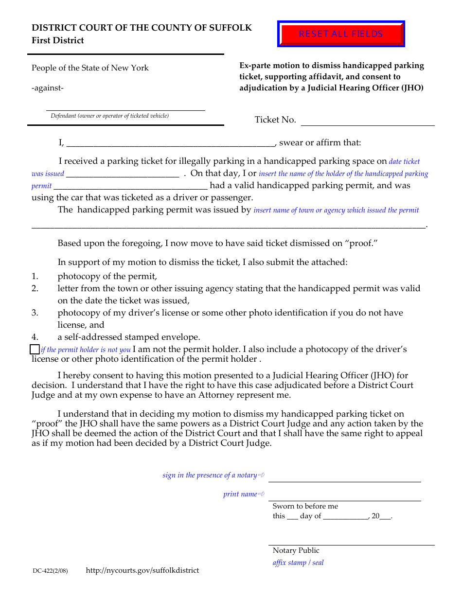 Form DC-422 Ex-parte Motion to Dismiss Handicapped Parking Ticket, Supporting Affidavit, and Consent to Adjudication by a Judicial Hearing Officer (Jho) - Suffolk County, New York, Page 1