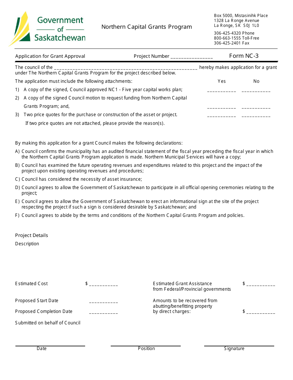 Form NC-3 Application for Grant Approval - Saskatchewan, Canada, Page 1