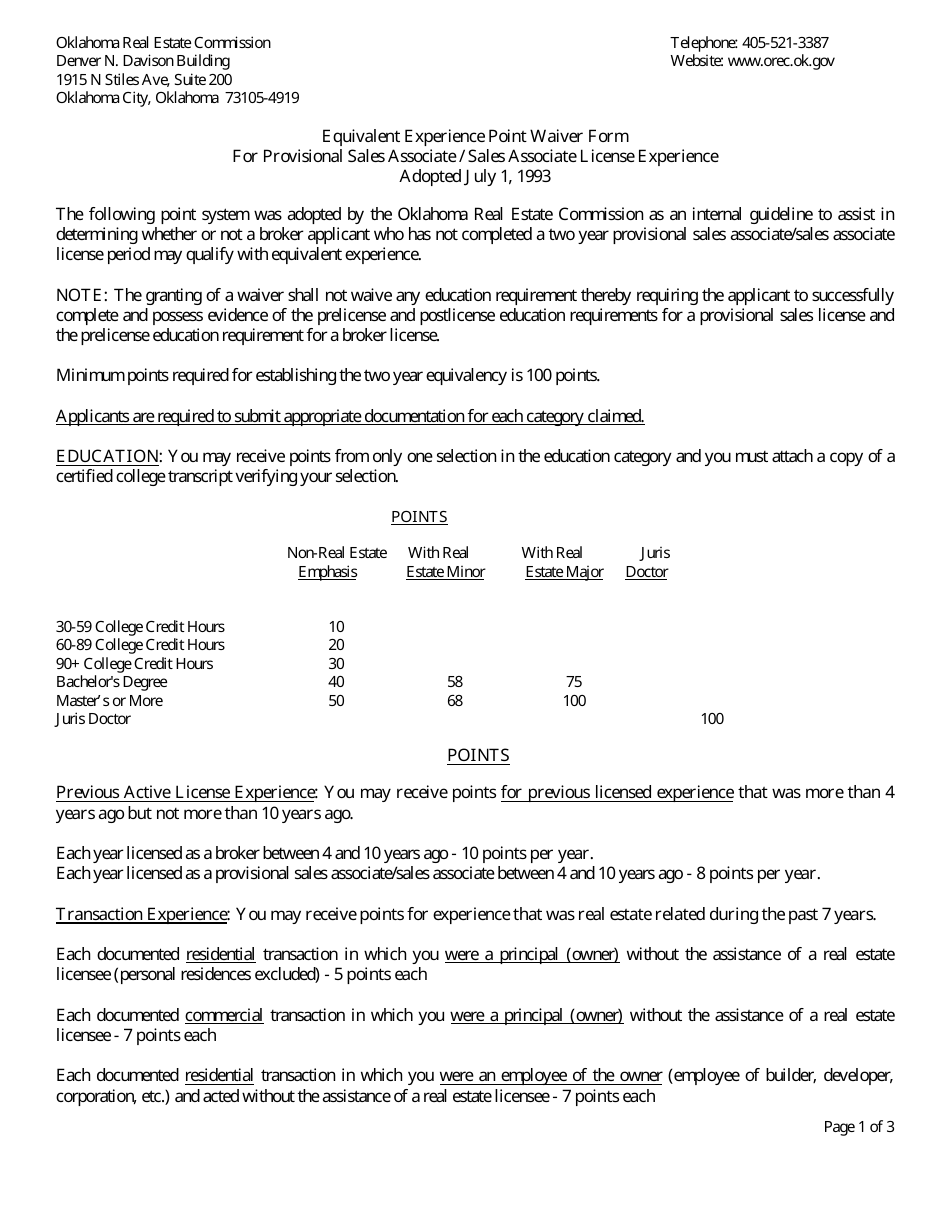 Equivalent Experience Point Waiver Form for Provisional Sales Associate / Sales Associate License Experience - Oklahoma, Page 1