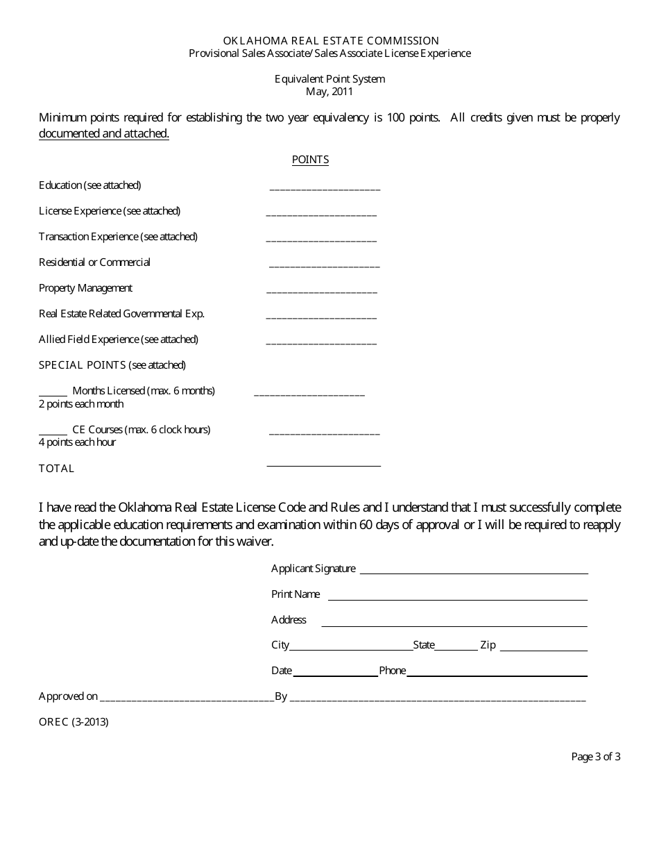 Equivalent Experience Point Waiver Form for Provisional Sales Associate / Sales Associate License Experience - Oklahoma, Page 3