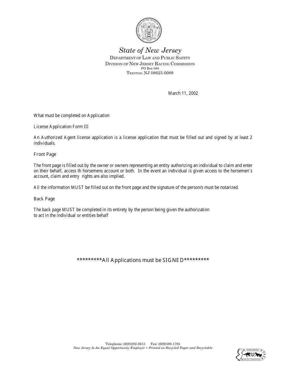 Form III License Form - New Jersey, Page 1