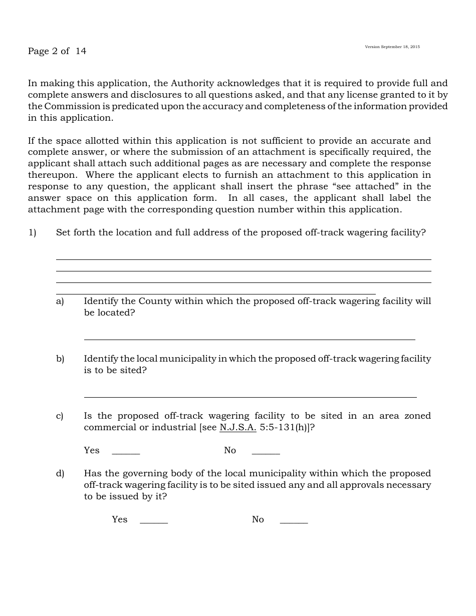 Form A Off-Track Wagering License Application - New Jersey, Page 2