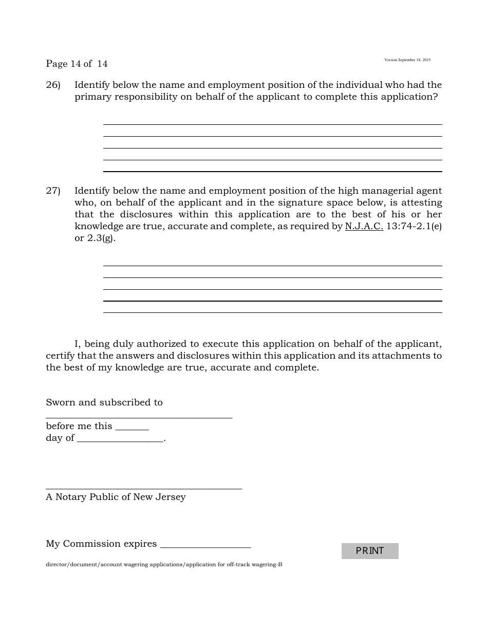 Form B Off-Track Wagering License Application - New Jersey, Page 14