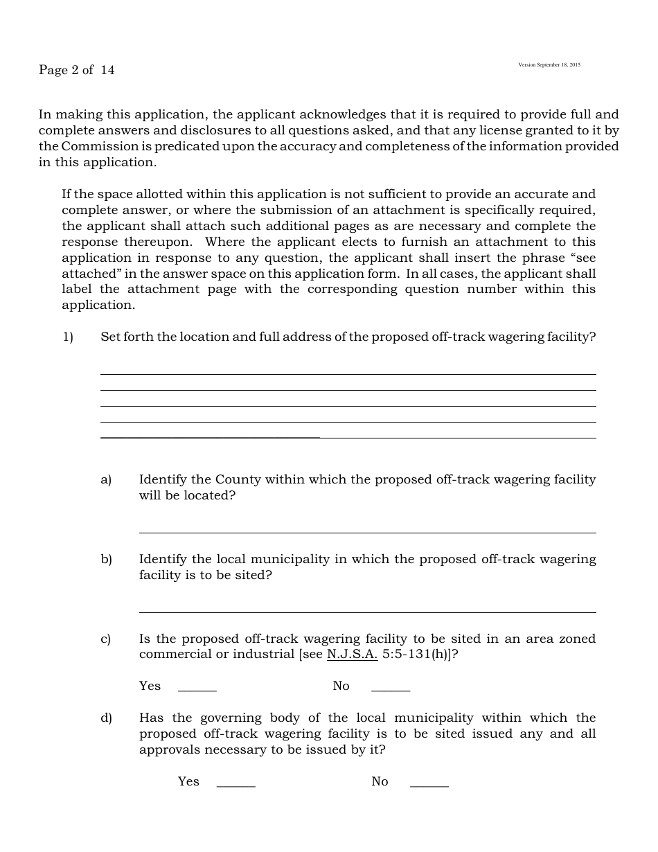 Form B Off-Track Wagering License Application - New Jersey, Page 2