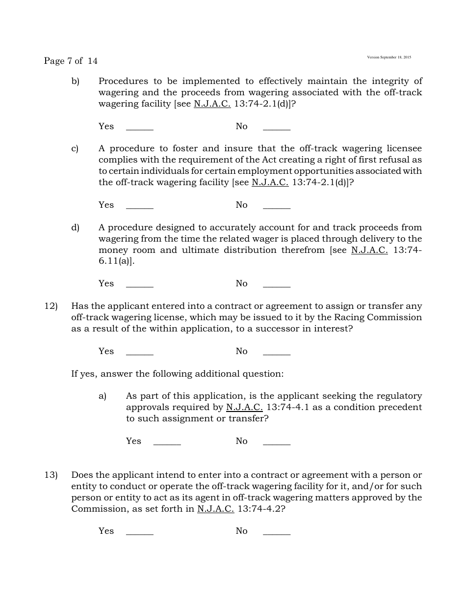 Form B Off-Track Wagering License Application - New Jersey, Page 7