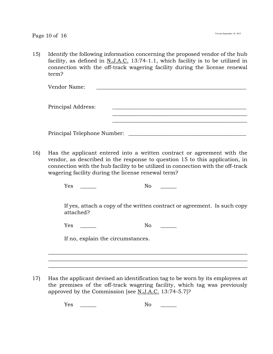 Form C Off-Track Wagering License Renewal Application - New Jersey, Page 10