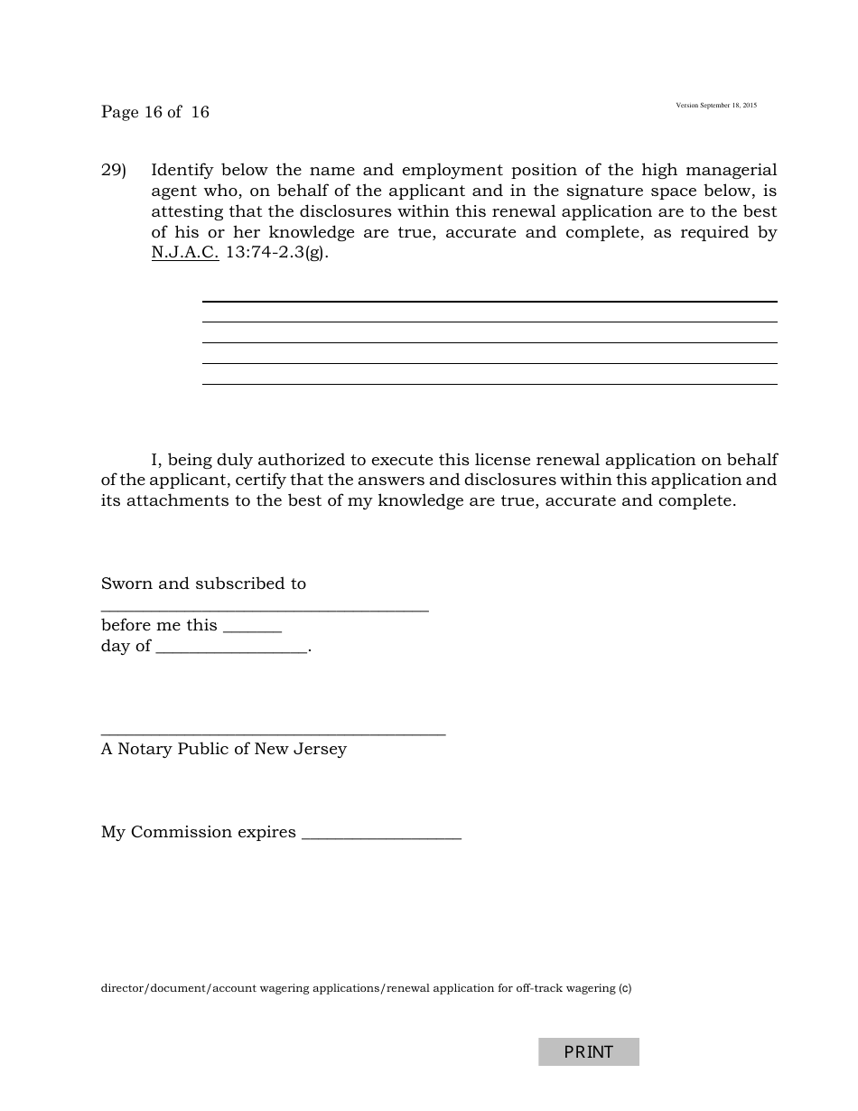 Form C Off-Track Wagering License Renewal Application - New Jersey, Page 16