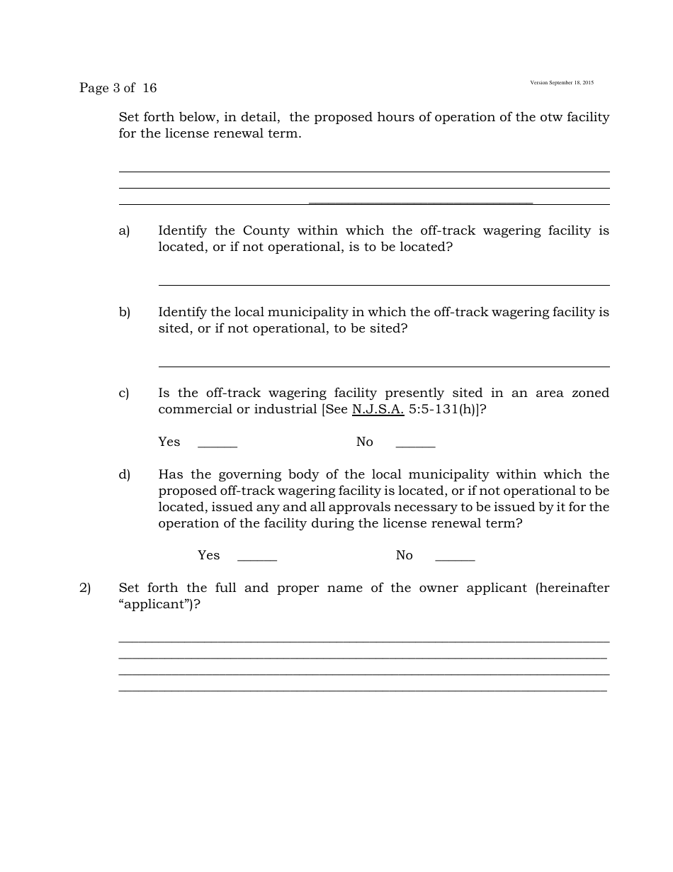 Form C Off-Track Wagering License Renewal Application - New Jersey, Page 3